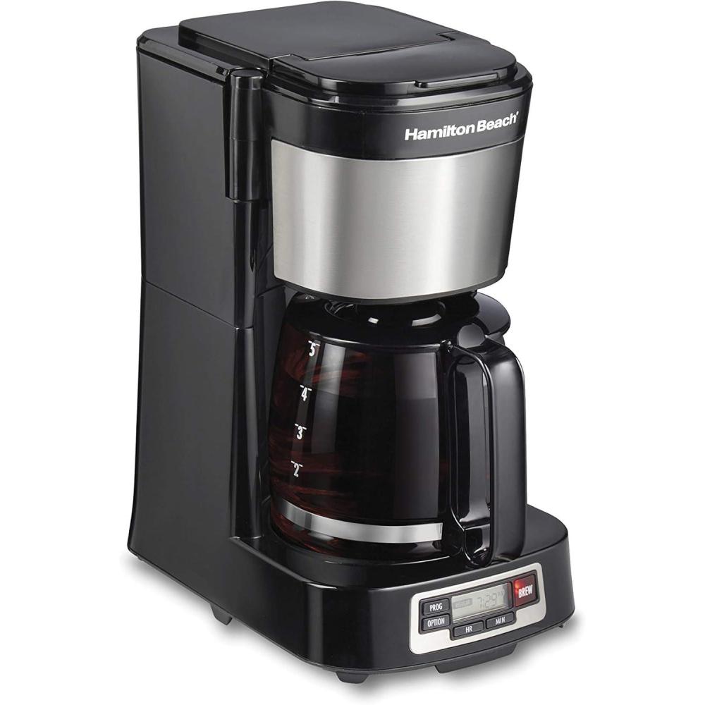 image:imageHamilton Beach 5 Cup Drip Coffee Maker with Easy FrontFill Basket Compact Design Programmable Clock Glass Carafe Auto Pause and Pour Black amp Stainless Steel 461115 Cup Programmable Clock