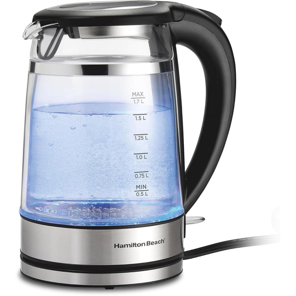 image:imageHamilton Beach Double Wall 17L Electric Kettle Water Boiler amp Heater BuiltIn Mesh Filter AutoShutoff amp BoilDry Protection Cordless Serving Variable LED Indicator Glass 4085018 Quarts