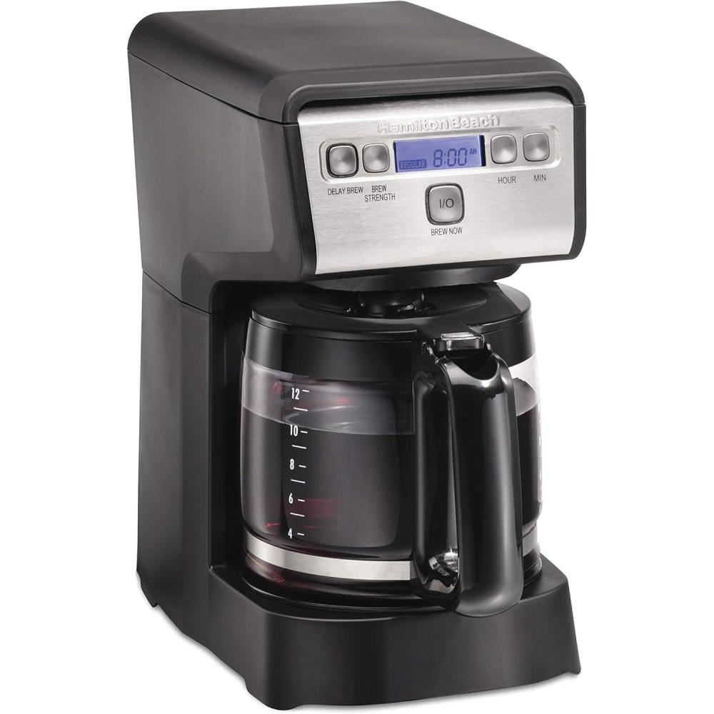 image:imageHamiton Beach 12 Cup Compact Programmable Drip Coffee Maker with NoDrip Burosilicate Glass Carafe 2Hour Auto Shutoff SpaceSaving Design Black with Stainless Steel Accents 46200