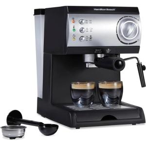 image:imageHamilton Beach 15 Bar Espresso Machine Cappuccino Mocha amp Latte Maker with Milk Frother Make 2 Cups Simultaneously Works with Pods or Ground Coffee 50 oz Water Reservoir Black