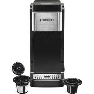 image:imageProctorSilex SingleServe Coffee Maker Compatible with Pod Packs and Grounds 40 oz Reservoir Makes Four 10 oz Cups Without Refilling Black amp Stainless Steel 49919