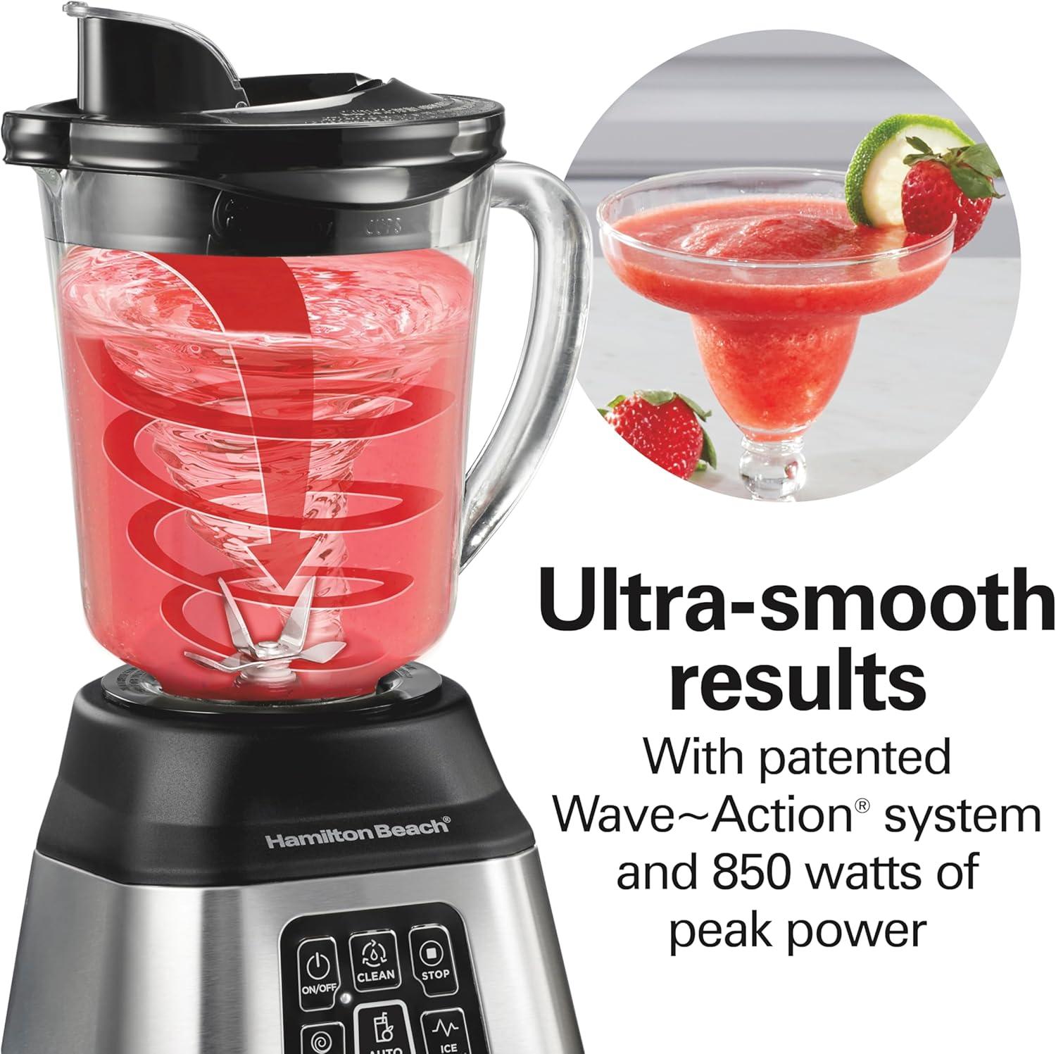 image:imageHamilton Beach Blender for Smoothies with 5 Functions Including Auto Smoothie Cycle Wave Action System for Ultra Smooth Results 850 Watts 40oz BPA Free Glass Jar Stainless Steel 56208Stainless Steel