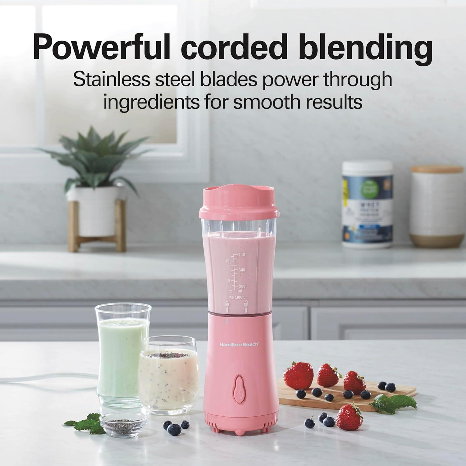 image:imageHamilton Beach Portable Blender for Shakes and Smoothies 14 Oz BPA Free Travel Cup amp Lid Durable Stainless Steel Blades Personal Smoothie Blender 2 Jars White 51102VCoral