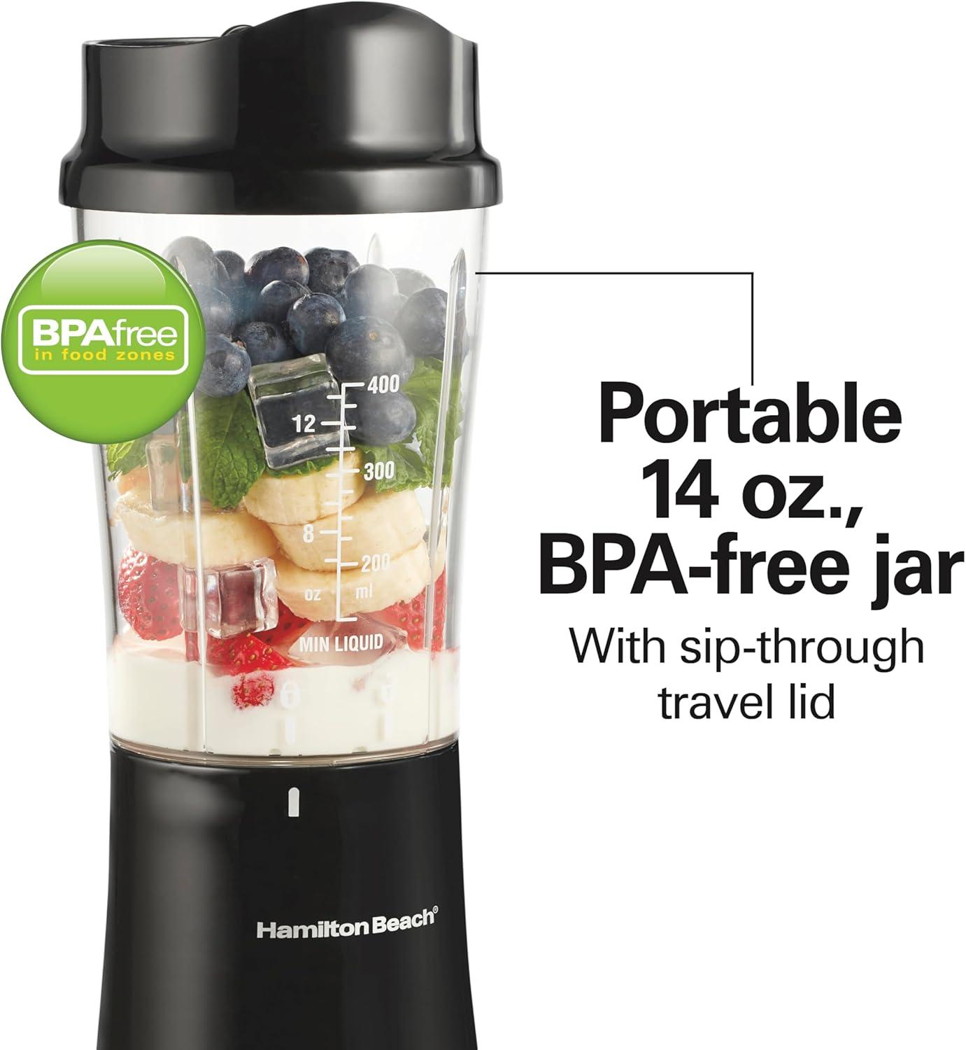 image:imageHamilton Beach Portable Blender for Shakes and Smoothies 14 Oz BPA Free Travel Cup amp Lid Durable Stainless Steel Blades Personal Smoothie Blender 2 Jars White 51102VBlack