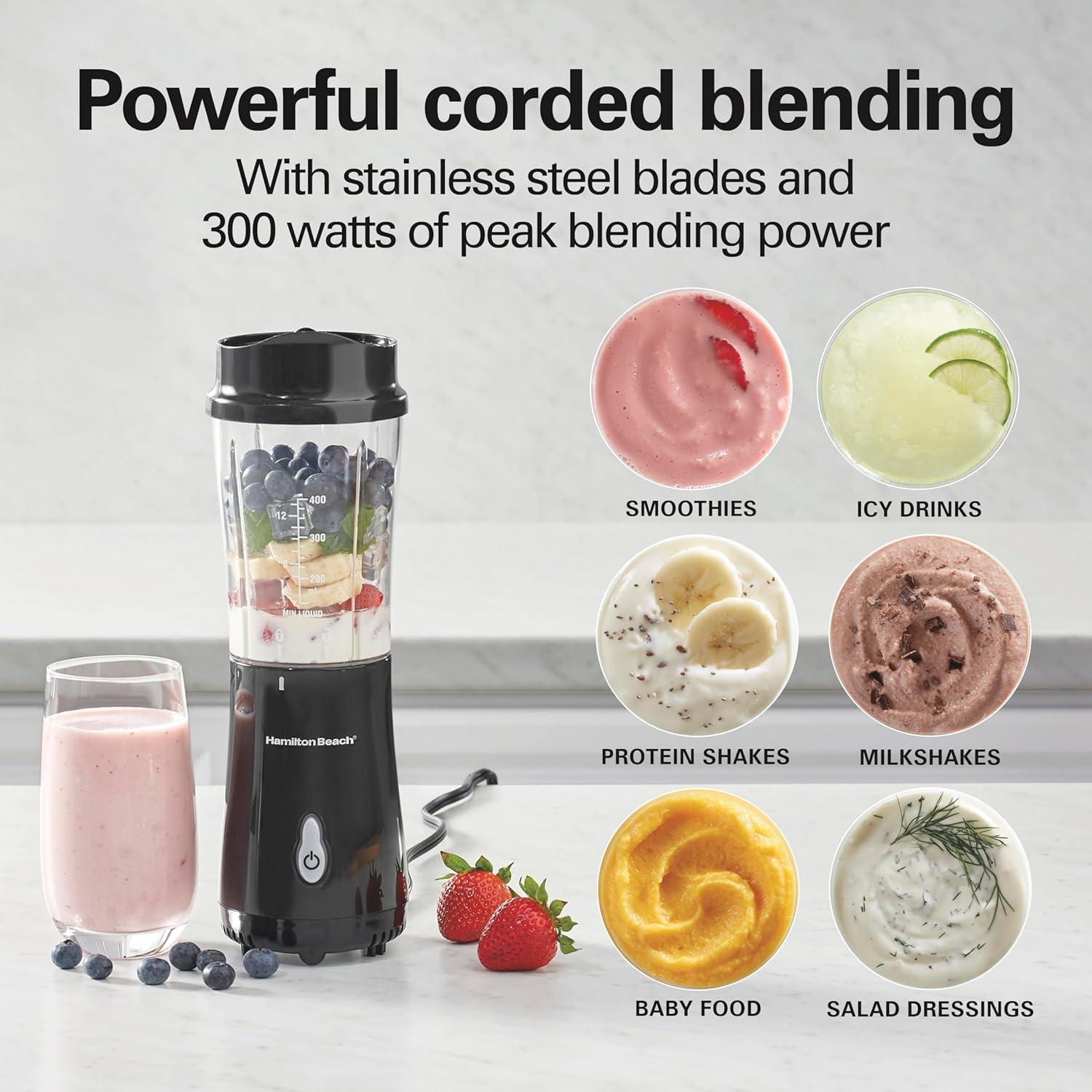 image:imageHamilton Beach Portable Blender for Shakes and Smoothies 14 Oz BPA Free Travel Cup amp Lid Durable Stainless Steel Blades Personal Smoothie Blender 2 Jars White 51102VBlack