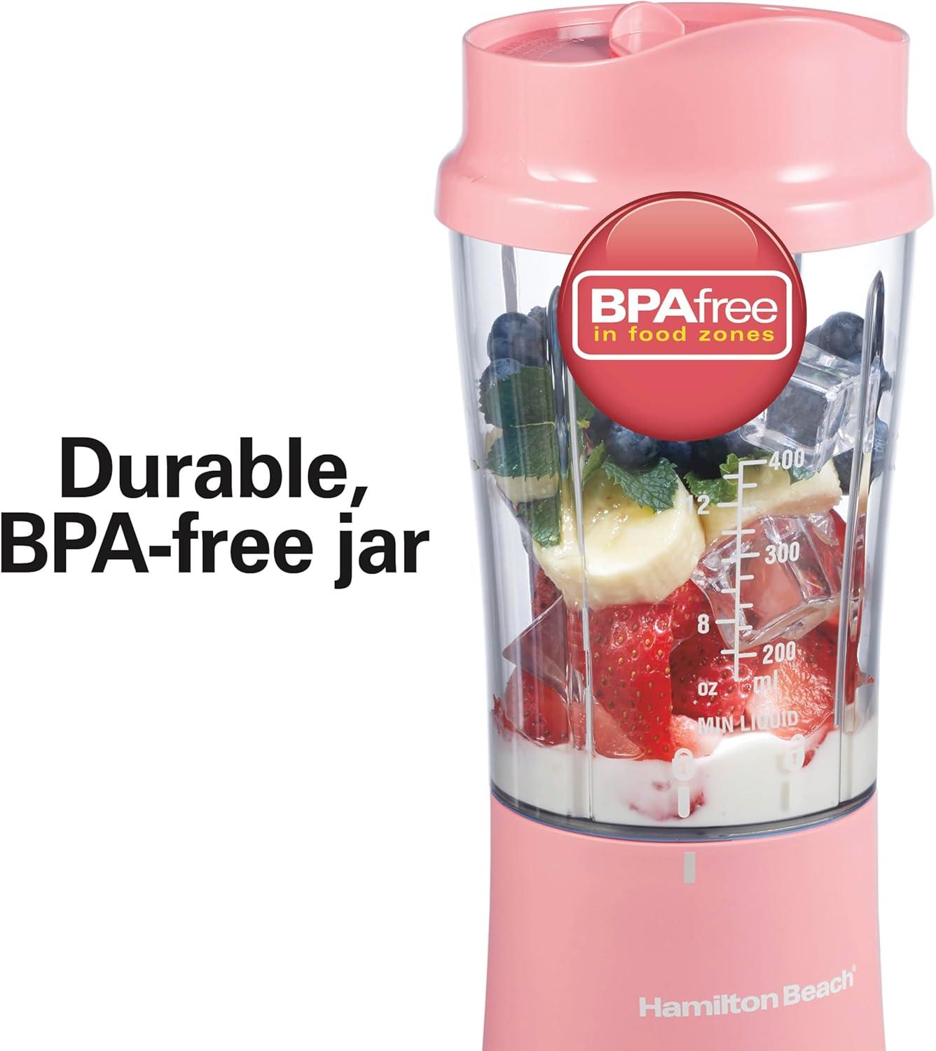 image:imageHamilton Beach Portable Blender for Shakes and Smoothies 14 Oz BPA Free Travel Cup amp Lid Durable Stainless Steel Blades Personal Smoothie Blender 2 Jars White 51102VCoral