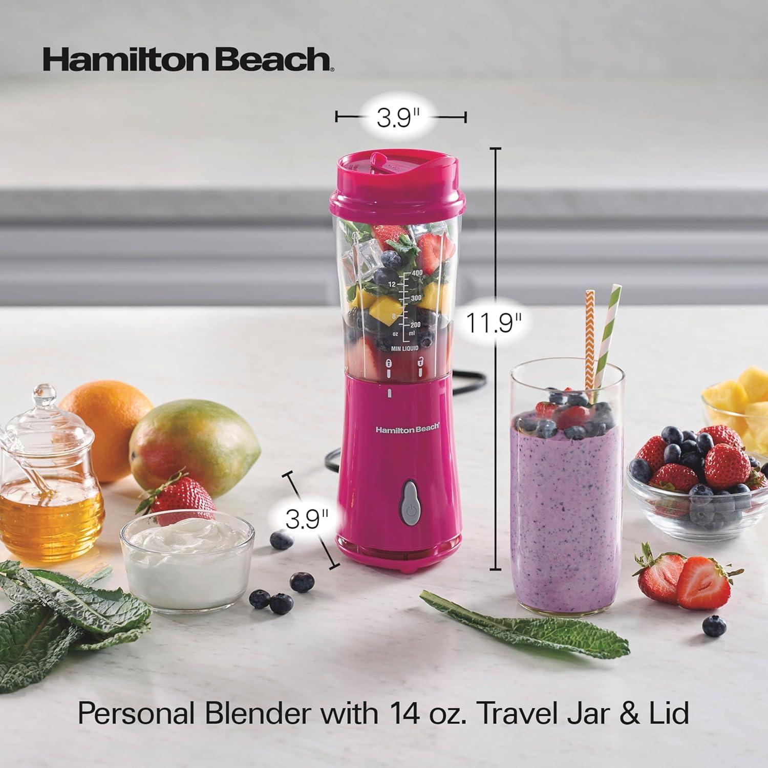 image:imageHamilton Beach Portable Blender for Shakes and Smoothies 14 Oz BPA Free Travel Cup amp Lid Durable Stainless Steel Blades Personal Smoothie Blender Blue 51132GRaspberry
