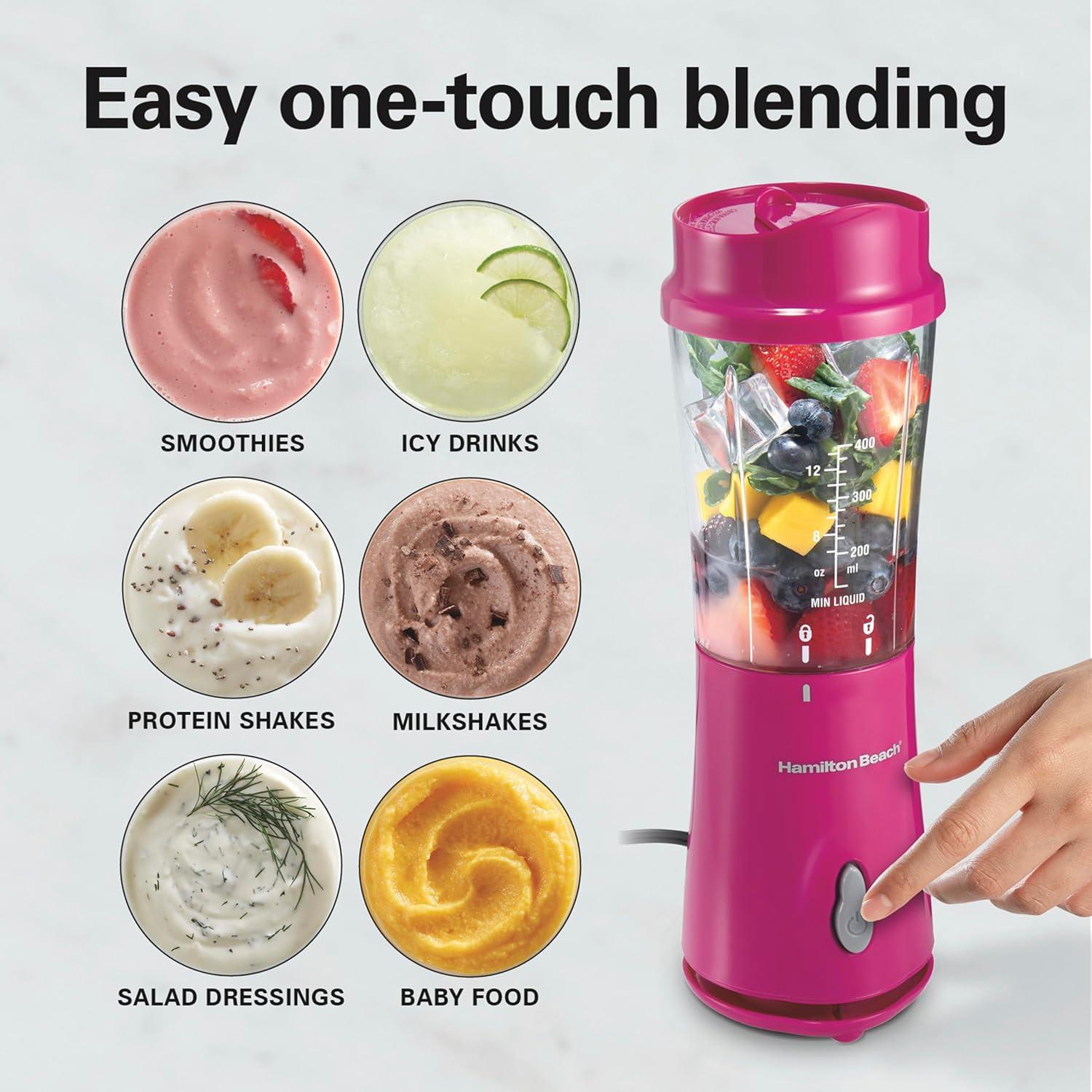 image:imageHamilton Beach Portable Blender for Shakes and Smoothies 14 Oz BPA Free Travel Cup amp Lid Durable Stainless Steel Blades Personal Smoothie Blender Blue 51132GRaspberry