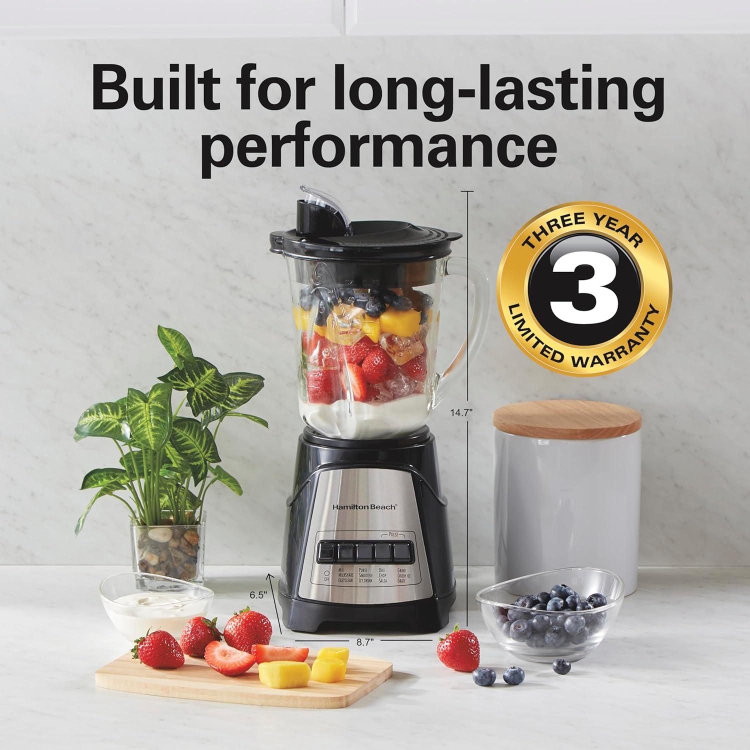 image:imageHamilton Beach Power Elite Blender for Smoothies with 3Cup Vegetable Chopper Mini Food Processor 40oz Glass Jar 12 Functions for Puree Ice Crush Black 58149Black