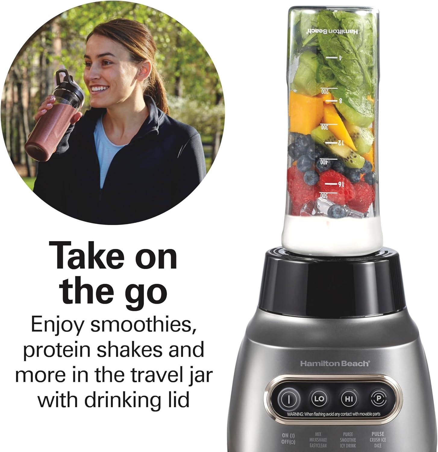 image:imageHamilton Beach Wave Action Blender for Smoothies Stainless Steel Ice Sabre Blades 40oz Glass Jar 20oz BlendIn Portable Travel Jar 800 Watts Quiet Design Silver 58181
