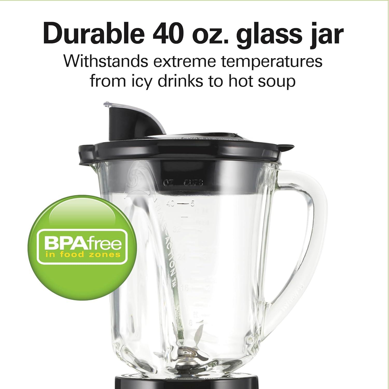 image:imageHamilton Beach Wave Action Blender for Smoothies Stainless Steel Ice Sabre Blades 40oz Glass Jar 20oz BlendIn Portable Travel Jar 800 Watts Quiet Design Silver 58181