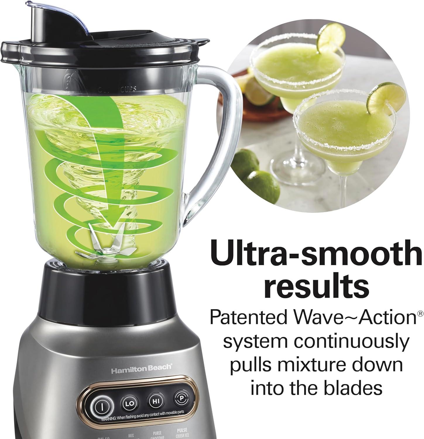 image:imageHamilton Beach Wave Action Blender for Smoothies Stainless Steel Ice Sabre Blades 40oz Glass Jar 20oz BlendIn Portable Travel Jar 800 Watts Quiet Design Silver 58181