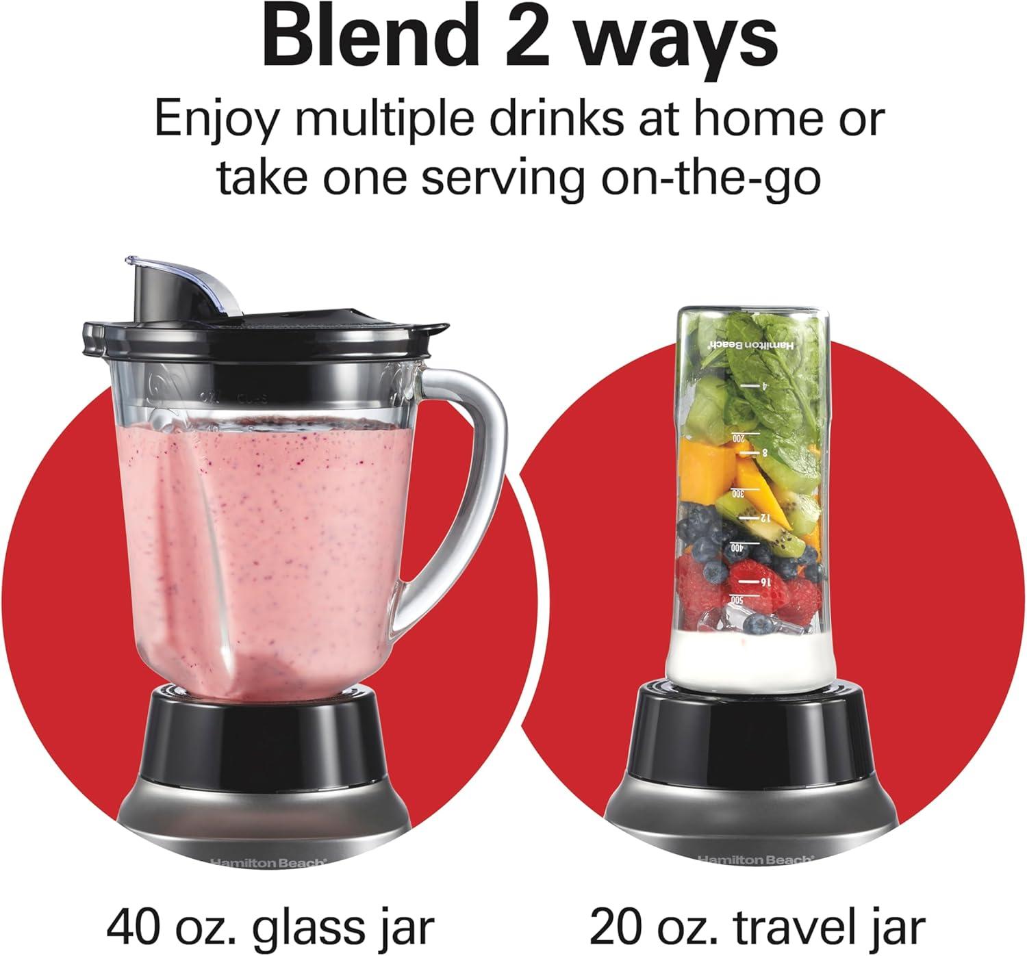 image:imageHamilton Beach Wave Action Blender for Smoothies Stainless Steel Ice Sabre Blades 40oz Glass Jar 20oz BlendIn Portable Travel Jar 800 Watts Quiet Design Silver 58181