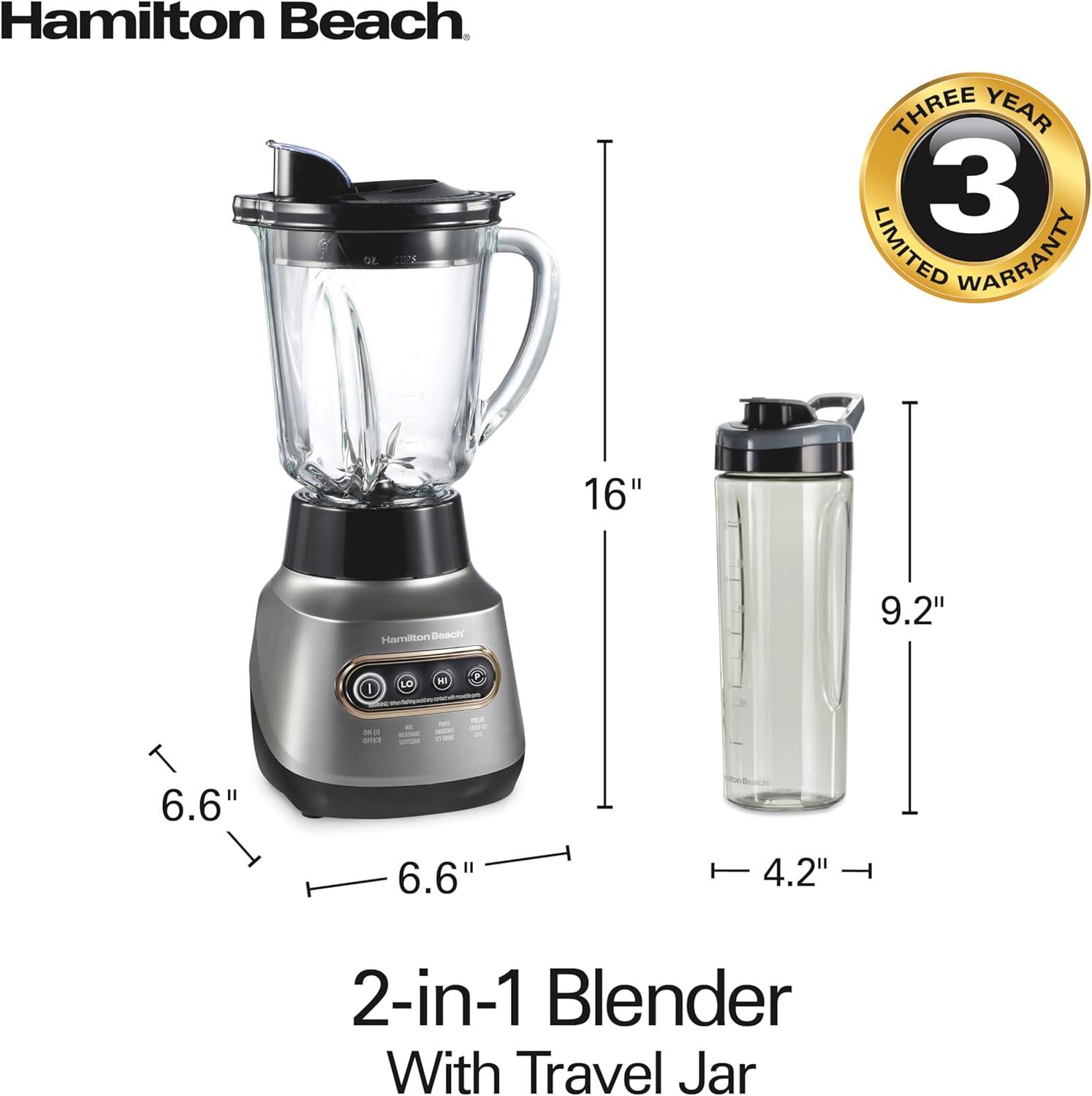 image:imageHamilton Beach Wave Action Blender for Smoothies Stainless Steel Ice Sabre Blades 40oz Glass Jar 20oz BlendIn Portable Travel Jar 800 Watts Quiet Design Silver 58181