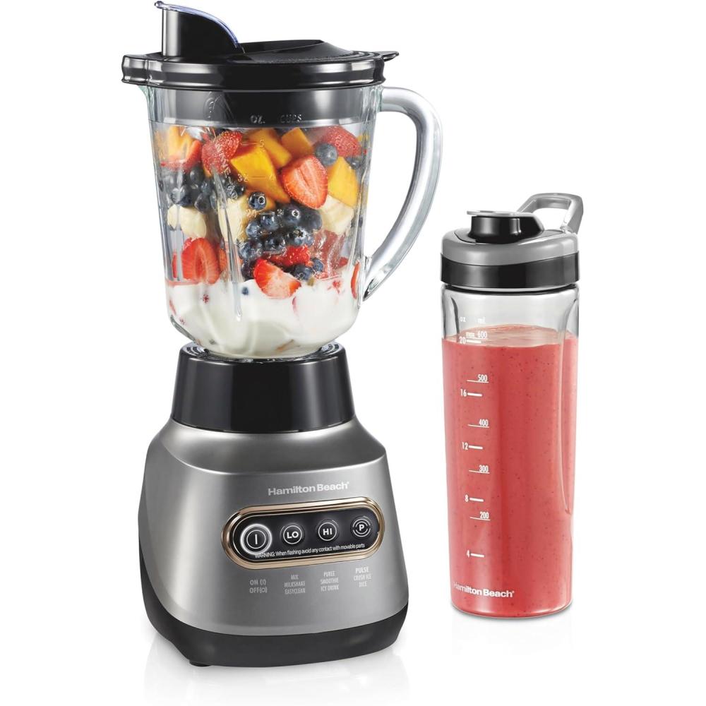 image:imageHamilton Beach Wave Action Blender for Smoothies Stainless Steel Ice Sabre Blades 40oz Glass Jar 20oz BlendIn Portable Travel Jar 800 Watts Quiet Design Silver 58181