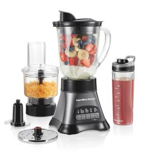 image:imageHamilton Beach Blender and Food Processor Combo for Shakes amp Smoothies With 3 Cup Electric Food Chopper Attachment 40 oz Glass Jar Blender Travel Cup 700 Watts Peak Power Gray amp Black 58163