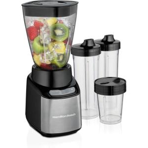 image:imageHamilton Beach MultiBlend Smoothie Blender with 4 Shatterproof BPA Free Jars and Lids Large 32oz Jar 8oz Grinder for Nuts amp Spices and 2 Portable Travel Cups 650 Watts Black and Stainless 5240032oz Jar